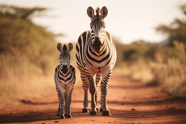 foto ondiepe focus shot van een moeder zebra met haar baby die op de weg staat