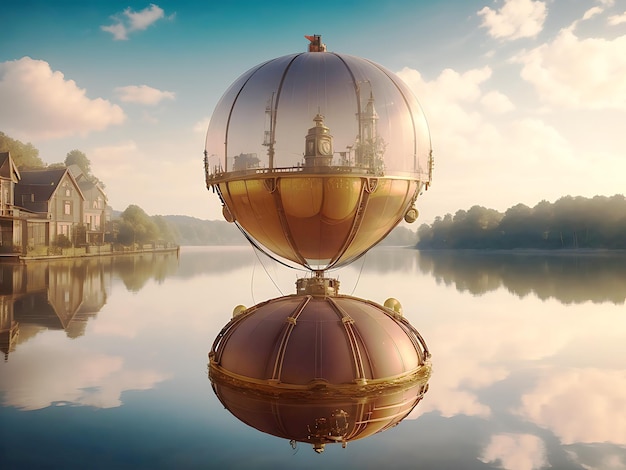 foto ongelooflijke steampunk ballon drijvend boven het wateroppervlak Generatieve AI