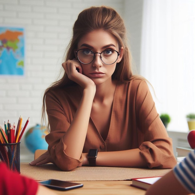 foto ontevreden jonge vrouwelijke leraar met een bril zit aan tafel met school Ai genereren