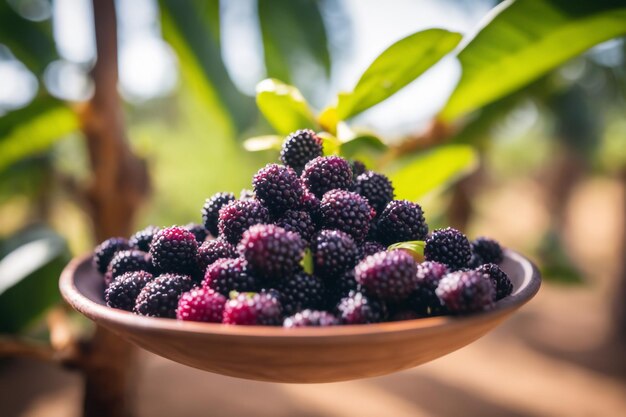 foto-opname van een Acai vastgemaakt aan een boomtak met een onscherpe achtergrond