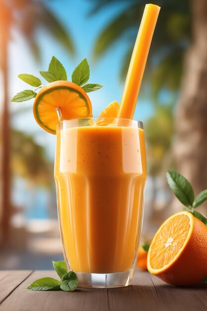 Foto foto oranje smoothie tak met een wazige achtergrond