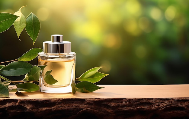 foto parfumfles met bladeren op tafel achter wazige natuurlijke achtergrond