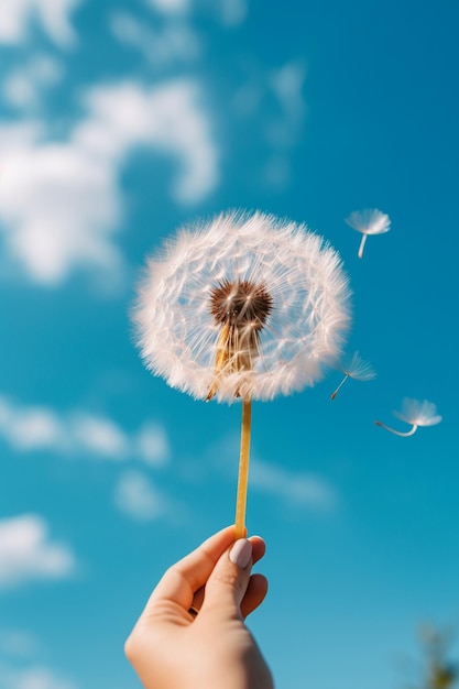 Foto persoon met een witte pluizige paardenbloem