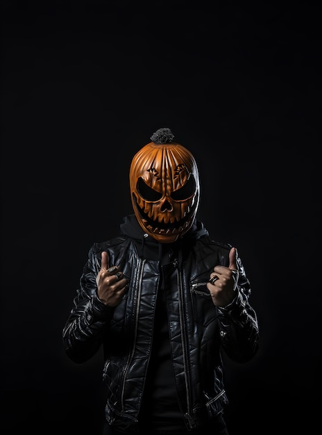 Foto persoon met kwade pompoen op hun gezicht in donker bos voor halloween-dag halloween-verkoopbanner