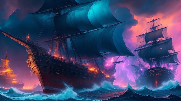 Foto piratenschip gevangen in een kosmische maalstroomnevel