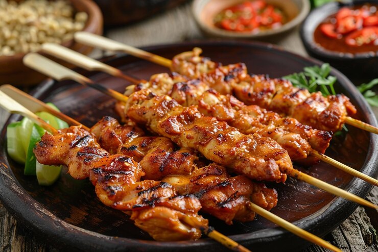 Foto foto pittige kip sate gegrild bbq satay stokken indonesisch eten kip sate of sate ayam