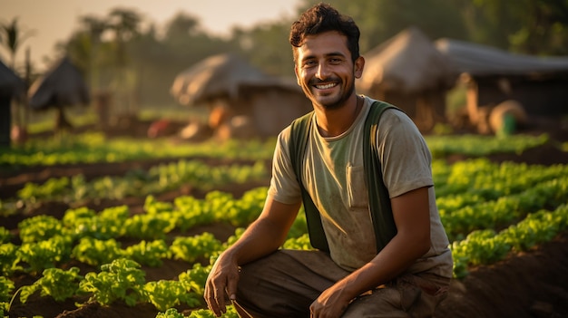Foto portret jonge glimlach en gelukkige knappe boer in een rijstveld gegenereerd door AI