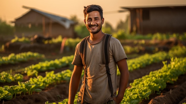 Foto portret jonge glimlach en gelukkige knappe boer in een rijstveld gegenereerd door AI