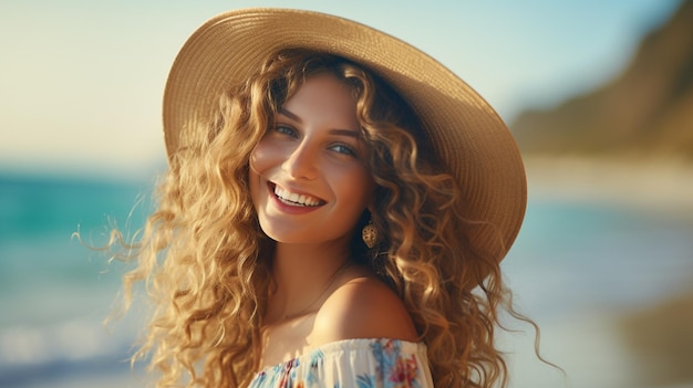 foto portret mooie jonge vrouw gelukkig en glimlachen op het strand zee gegenereerd door AI