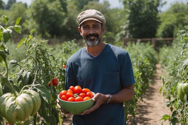 foto portret van boer met kist vol aardbeien fruit in de kas