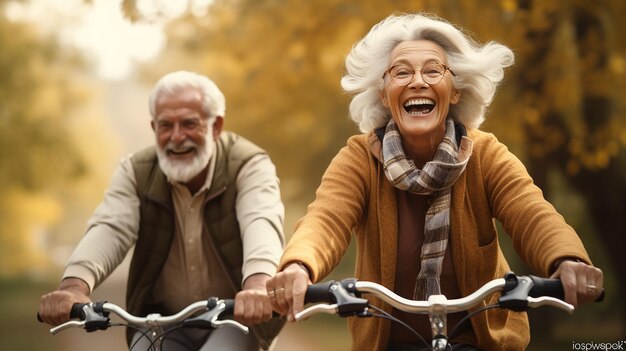 Foto-portret van een gelukkig ouder echtpaar dat op de fiets rijdt om te sporten