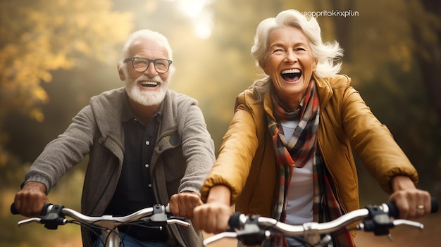 Foto-portret van een gelukkig ouder echtpaar dat op de fiets rijdt om te sporten