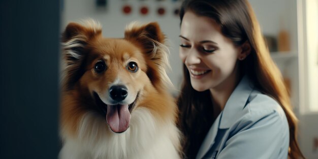 Foto portret van een glimlachende dierenarts die een hond onderzoekt