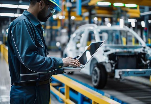 Foto foto-portret van een industriële werknemer, een bouwingenieur die in een fabrieksgebouw werkt met een laptop