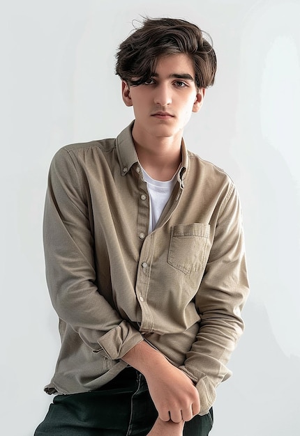 Foto portret van een jong mannelijk model met een zonnebril en zakelijke en casual pakken