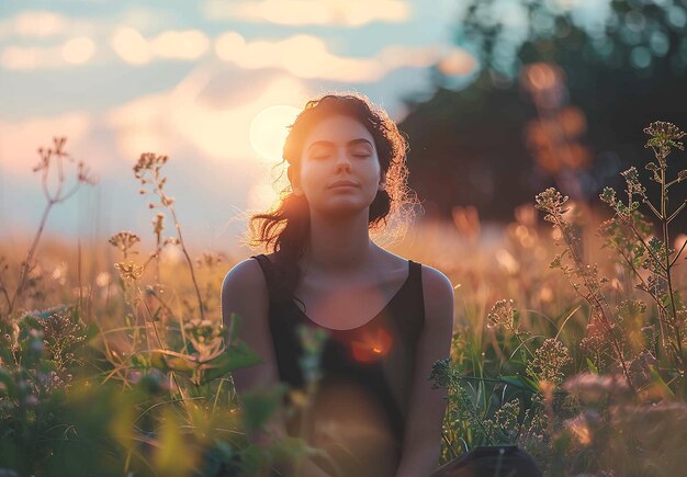 Foto portret van een jong meisje vrouw zit in een veld en doet meditatie yoga