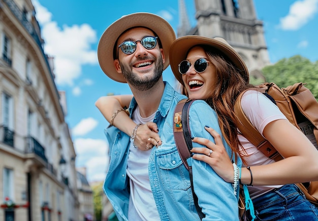 Foto foto portret van een jong mooi reispaar man en vrouw glimlachend selfie nemen