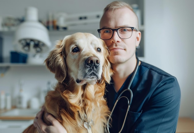 Foto portret van een jonge dierenarts die schattige honden, katten en huisdieren controleert