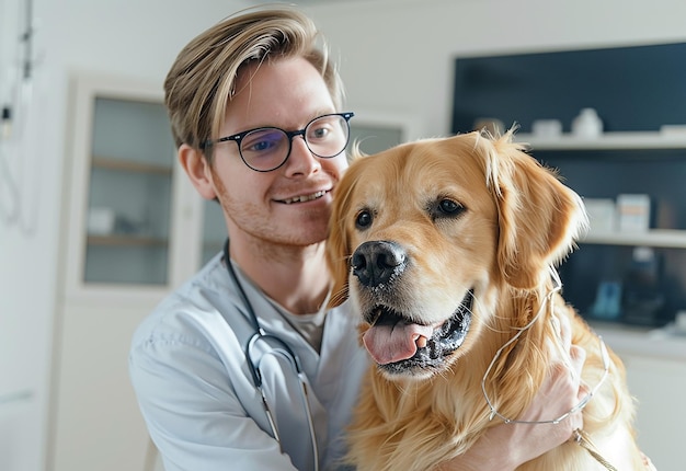 Foto foto portret van een jonge dierenarts die schattige honden, katten en huisdieren controleert