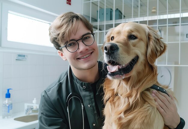 Foto foto portret van een jonge dierenarts die schattige honden, katten en huisdieren controleert