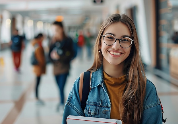 Foto foto portret van een jonge vrouw meisje universiteit student met een glimlach