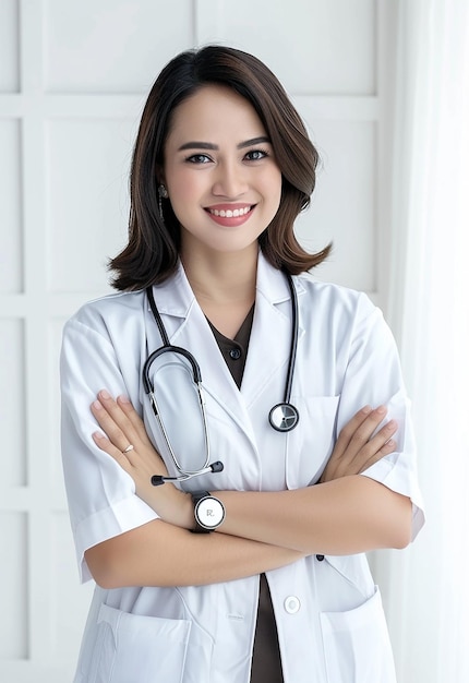 Foto portret van een mooie jonge vrouwelijke dokter die naar de camera kijkt