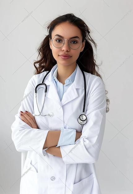 Foto portret van een mooie jonge vrouwelijke dokter die naar de camera kijkt