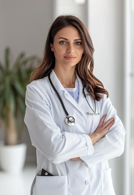 Foto portret van een mooie jonge vrouwelijke dokter die naar de camera kijkt