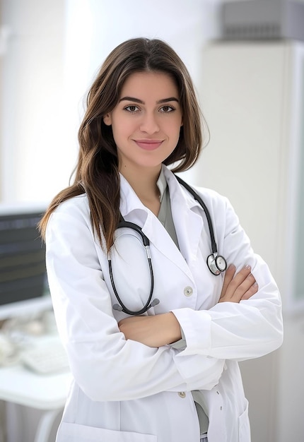 Foto portret van een mooie jonge vrouwelijke dokter die naar de camera kijkt