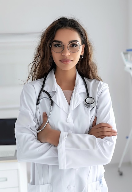 Foto portret van een mooie jonge vrouwelijke dokter die naar de camera kijkt