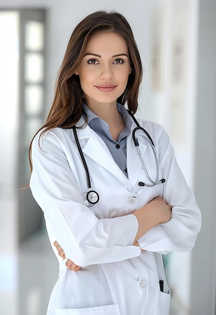 Foto portret van een mooie jonge vrouwelijke dokter die naar de camera kijkt