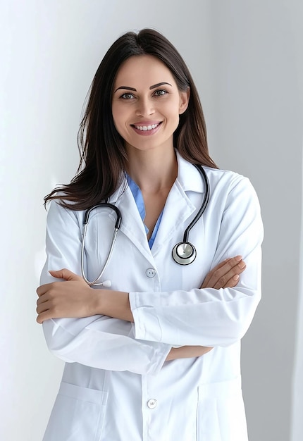 Foto portret van een mooie jonge vrouwelijke dokter die naar de camera kijkt