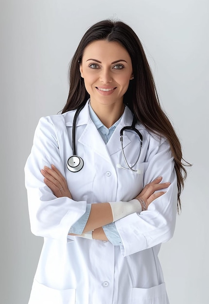 Foto portret van een mooie jonge vrouwelijke dokter die naar de camera kijkt