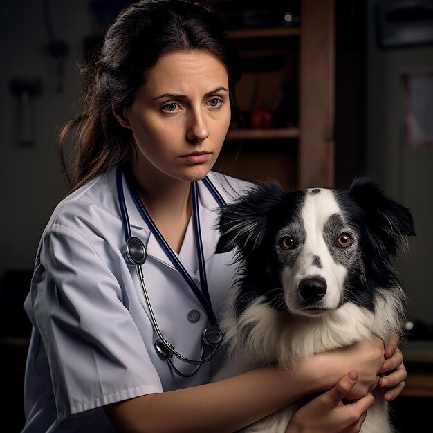 Foto portret van een verdrietige hondeneigenaar die haar zieke border collie hond aaien