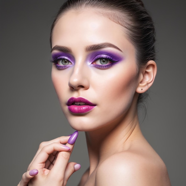 Foto foto portret van een vrouw schoonheid gezicht met paarse make-up nagels en lippen
