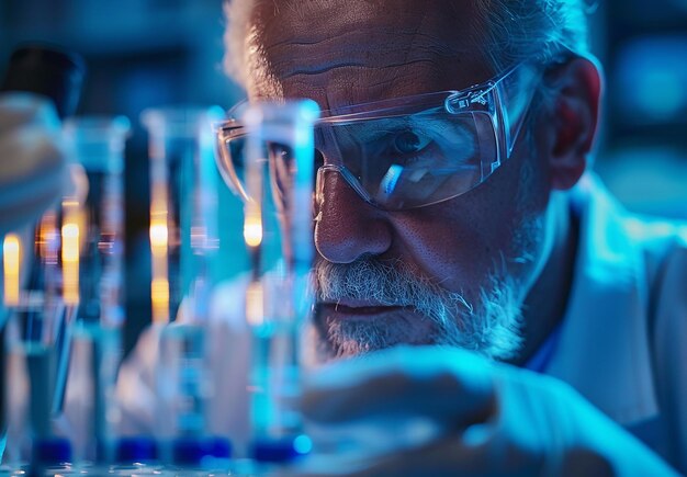 Foto foto portret van een wetenschapper laboratorie assistent in een lab met testbuizen tijdens het onderzoek