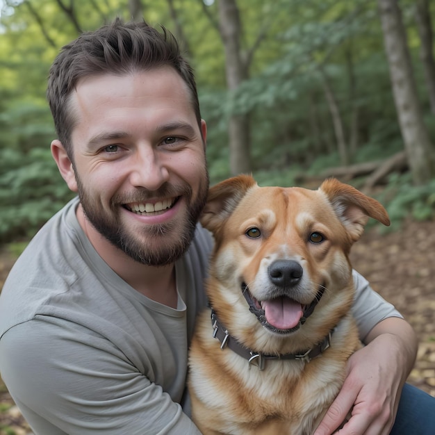 Foto foto portret van glimlachende man met zijn hond in het natuurpark