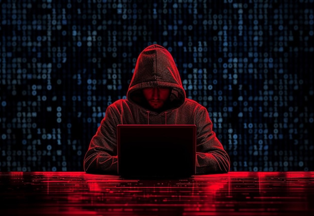 Foto portret van hacker achtergrond met handschoenen en laptop