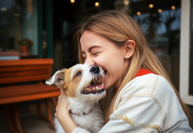 Foto foto portret van jong meisje vrouw vrouw met haar schattige hond in het park