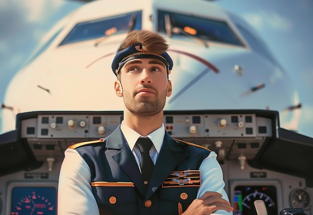 Foto portret van jonge mannelijke piloot in uniform en zonnebril