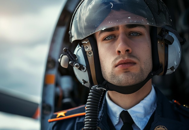 Foto portret van jonge mannelijke piloot in uniform en zonnebril