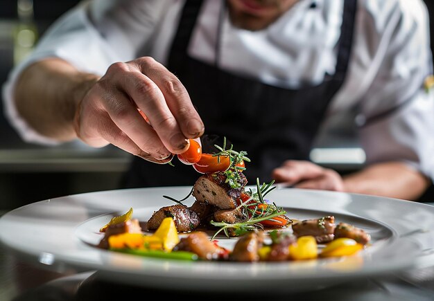 Foto foto portret van jonge meester chef-kok kok man garneren bereiden dressing serveren voedsel bord op