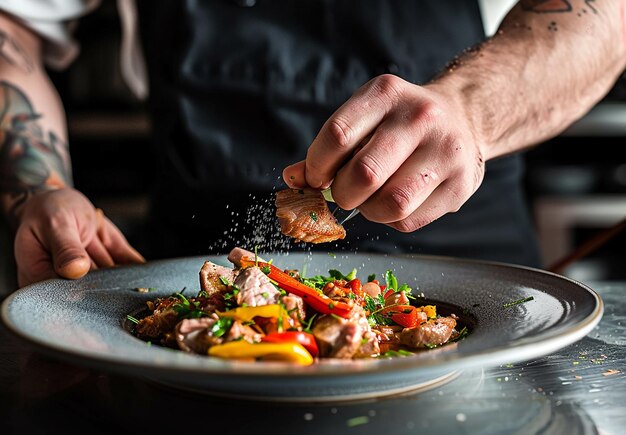 Foto foto portret van jonge meester chef-kok kok man garneren bereiden dressing serveren voedsel bord op