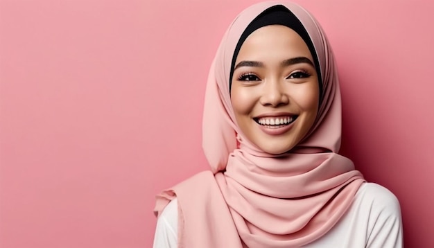 foto portret van jonge mooie aziatische vrouw roze hijab dame lachend met vrolijke uitdrukking.