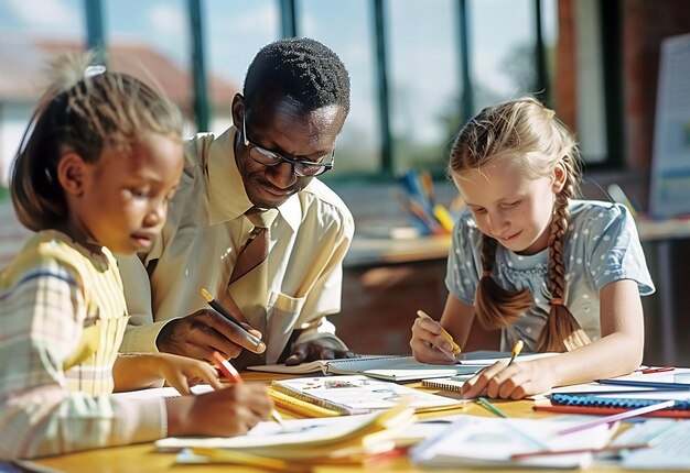 Foto foto-portret van kleuterschoolkinderen die leren in een klas met een leraar