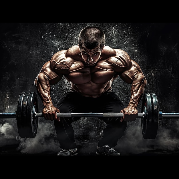 Foto portret van krachtige jonge gym man bodybuilder in de sportschool met dumbbells