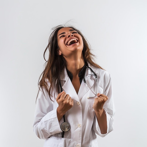 Foto foto portret van lachende jonge vrouwelijke dokter