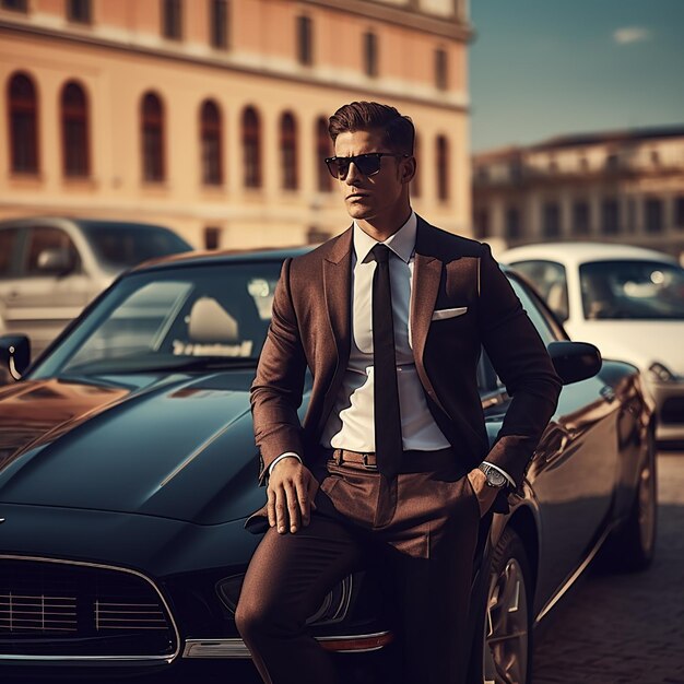 Foto foto portret van luxe auto met knappe stijlvolle zakenman