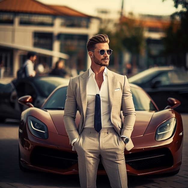 Foto Portret van luxe auto met knappe stijlvolle zakenman