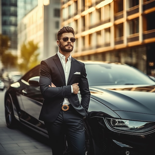 Foto Portret van luxe auto met knappe stijlvolle zakenman